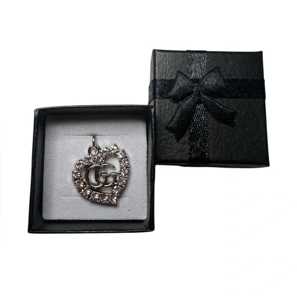 Gucci Silver Heart Zipper Pull Charm with Logo and Clear Stones